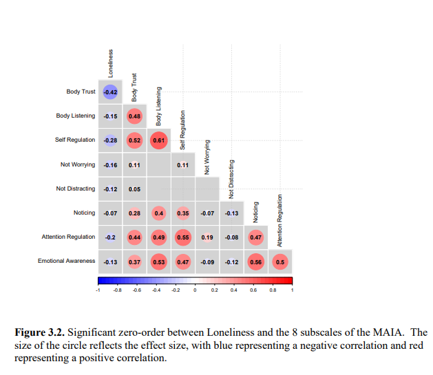 Correlation matrix of Loneliness and eight MAIA subscales with blue and red circles