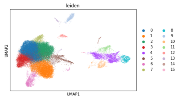 UMAP scatter plot labeled leiden with sixteen color-coded clusters