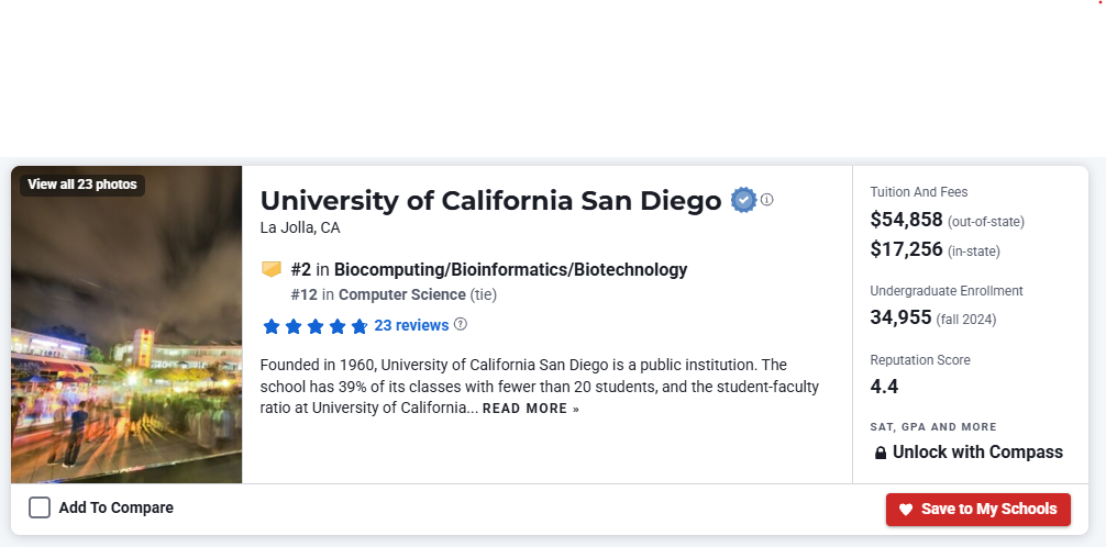 U.S. News listing for UC San Diego showing a number two ranking in Biocomputing, Bioinformatics and Biotechnology